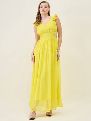 AAYU Women Fit and Flare Yellow Maxi/Full Length Dress