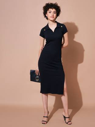 SASSAFRAS Women Bodycon Black Midi/Calf Length Dress