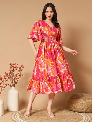 OTABU Women A-line Pink, Orange Midi/Calf Length Dress