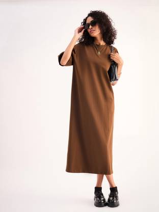 SASSAFRAS Women T Shirt Brown Midi/Calf Length Dress