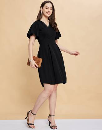 Selvia Women Fit and Flare Black Above Knee/Mid Thigh Length Dress