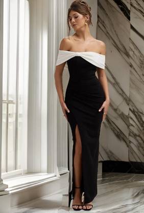 LIME Women Bodycon Black, White Maxi/Full Length Dress