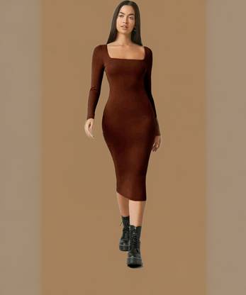 ZEROZABAR Women Bodycon Brown Midi/Calf Length Dress