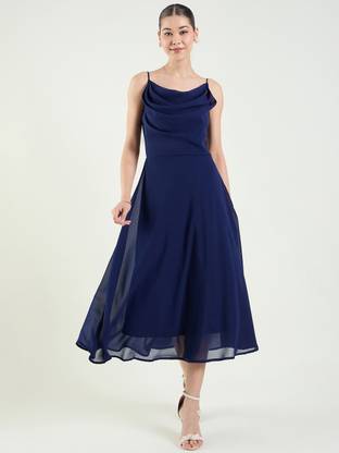 METRONAUT Women Fit and Flare Blue Midi/Calf Length Dress