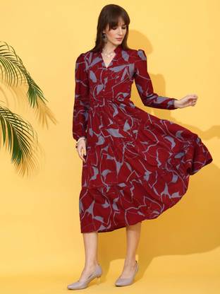 Sheetal Associates Women Fit and Flare Maroon Below Knee Dress
