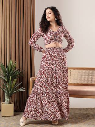 KOTTY Women Two Piece Dress Maroon Maxi/Full Length Dress