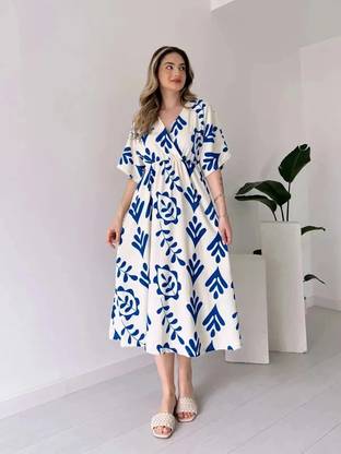 MANOJAVA Women Fit and Flare Blue Below Knee Dress