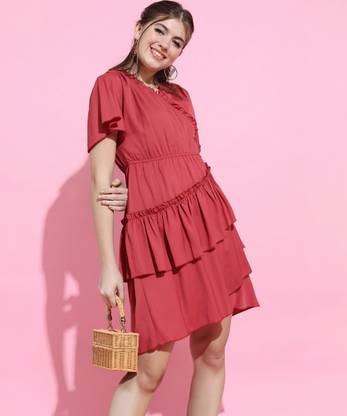 Tokyo Talkies Women Wrap Red Above Knee/Mid Thigh Length Dress