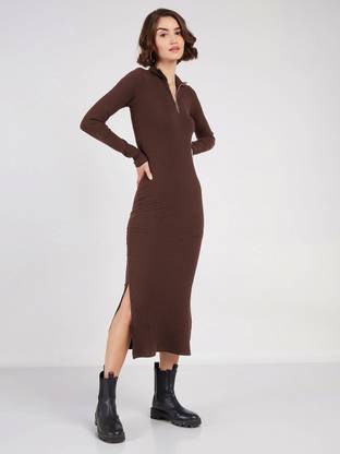 SASSAFRAS Women Bodycon Brown Maxi/Full Length Dress