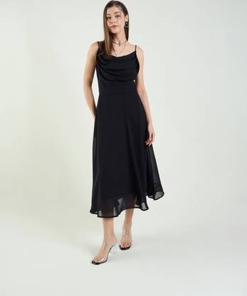AAYU Women Fit and Flare Black Midi/Calf Length Dress