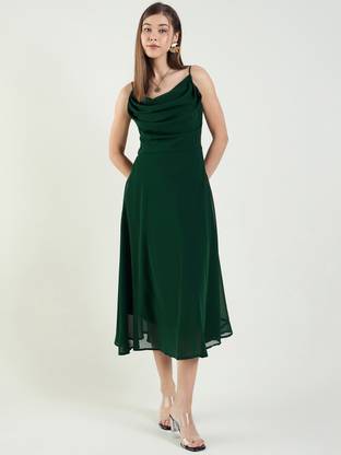 METRONAUT Women Fit and Flare Green Midi/Calf Length Dress