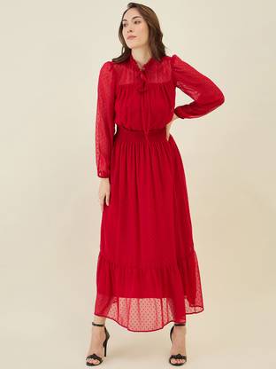 AAYU Women Fit and Flare Red Maxi/Full Length Dress