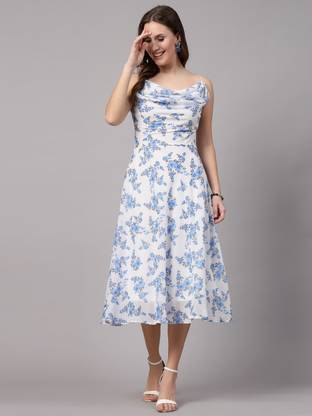 AAYU Women Fit and Flare Grey, White, Light Blue Midi/Calf Length Dress