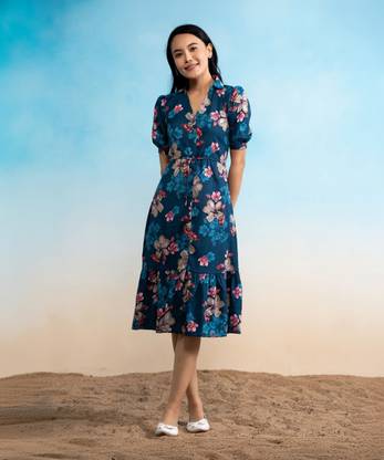 AASK Women Fit and Flare Dark Blue Knee Length Dress