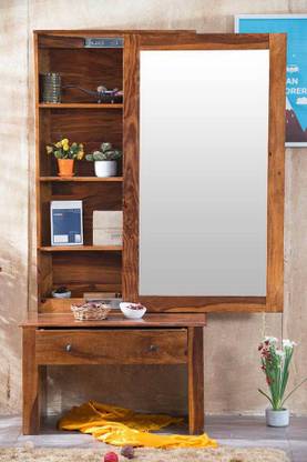 Geetanjali Decor 1 Drawer & 4 Shelves Wooden Dressing Table with Mirror and Storage Sliding Door Solid Wood Dressing Table
