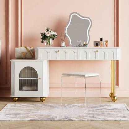 NG Decor Makeup Vanity Set Dressing Table with Lighted Mirror & Cabinet & Stool Engineered Wood Dressing Table