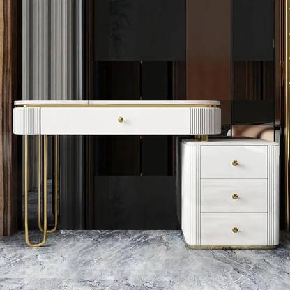 NG Decor Makeup Vanity Table with Side Cabinet 4 Drawers & Faux Marble Top in White Engineered Wood Dressing Table