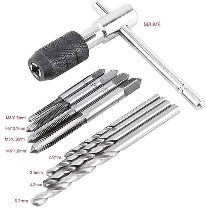 AS TOOL CENTER 9PCS Set M3 to M6 Screw Taps T Handle Ratchet Tap Holder Wrench Twist Drill Bits Threading Tapping Hand Tool Kit,