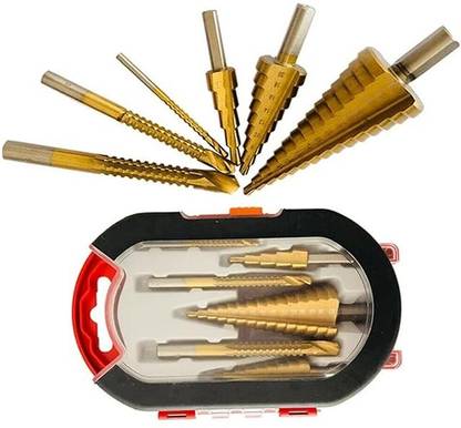 AS TOOL CENTER 6PCS High Speed Reaming Pagoda Sawtooth Set, Titanium Plating Drill Bit Set, Titanium Step Drill Bit Set,