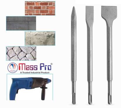 Mass Pro 3Pcs SDS Plus Hammer Drill Chisel Set 3 Point/Flat/Cranked for Rotary Hammer