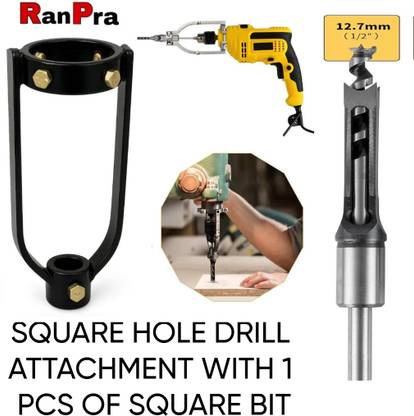 RanPra BLACK SQUARE HOLE DRILL BIT ATTACHMENT HOLDER WITH ONE PIECE OF 12 MM SQUARE BIT Woodworking Auger Tool Bench Stand Drill Mortise Drilling DIY Machine