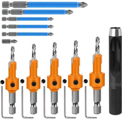 SERPLEX Extra Pilot Drill Bit, Tapered Drill Bits with 5/16 Round Shank, Counter Sinker 10Pcs Wood Countersink Drill Bit Set, 5Pcs Countersink Drill Bit with 5Pcs Brad Points Set
