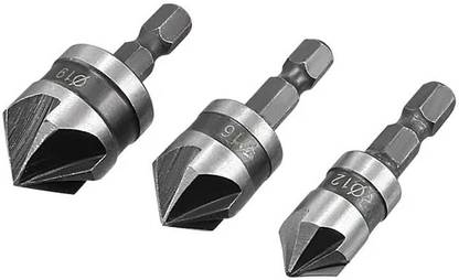 apex ecomm ecommerse Countersink Drill Bit Set 12mm 16mm 19mm Dia 1/4” Hex Shank 90 Degree 5 Flute Chamfer Tool Carbon Steel 3pcs