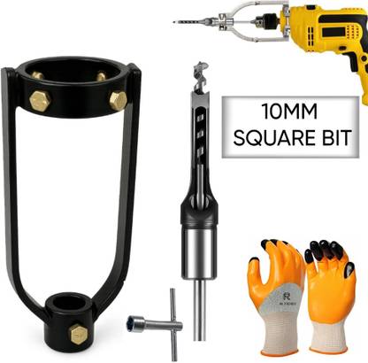 RanPra Square Hole Drill Bit Mortising Attachment | 10MM Square Hole Drill Bit | Gloves