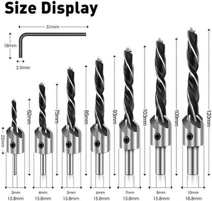 ATOZTOOLS Countersink Drill Bit Set of 7pcs, Brad Point Drill Bits Woodworking Chamfering Counter Bits Wood Drill Set (Sizes in MM – 3, 4, 5, 6, 7, 8 & 10)