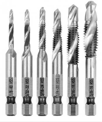 NITYA 6pcs 1/4 1/8 5/32 3/16 3/8 5/16 Inch HSS Combination Drill Tap Bit Set Hex Shank Deburr Countersink Bit for Woodworking Drilling