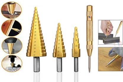 Mass Pro Titanium Coated 1Pc Center Punch HSS Titanium Step Cone Drill Bit Set Hole Cutter
