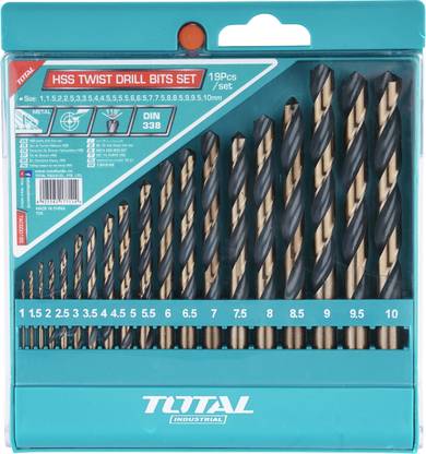 TOTAL 19 PCS HSS Twist / Flute Type Drill Bits Set | Rust Proof 118 Degree Cutting Angle | Precise Hole Making | Wood, Plastic & Metal Cutting |