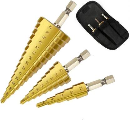RDX 3Pc Hss Step Cone Taper Drill Bit Set Hole Cutter Metric 4-12/20/32Mm 1/4 Inch Titanium Coated Metal Hex Bits