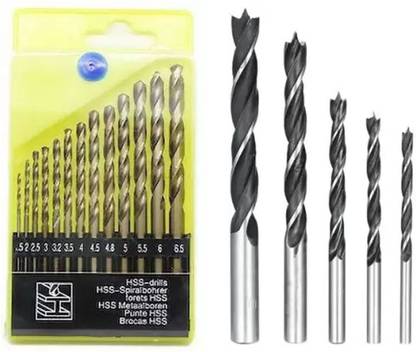 Kshivi Drill Bits Combo 13 Pcs Twisted High Speed Steel Drill Bit For Soft Metal Aluminium Plastic And 5 Pcs Wood Drill Bit Set For Wood (Pack Of 2)