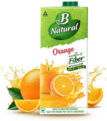 B Natural Orange Juice, Goodness of fiber, Enriched with Vitamin C & E