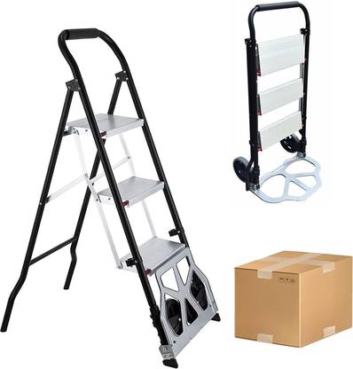 Cheston 2in-1 Metal Hand Truck cum 3-Step Ladder I Portable Folding cart with 2 Wheels Platform Trolley