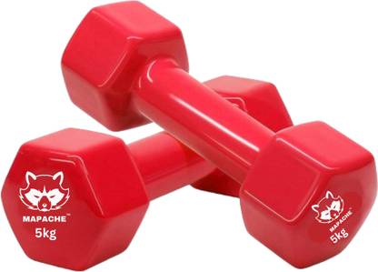 MAPACHE Cherry Red PVC Vinyl Dumbbells Pair For Home and Gym Exercise 5kg x 2 Fixed Weight Dumbbell