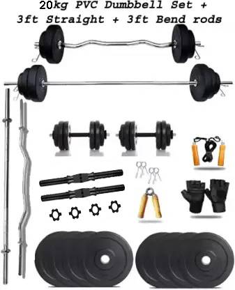 L'AVENIR 20 kg Fitness 20KG PVC Plates Dumbbell Set (2 Dumbbell Rods + 2 Rods / Bars) Home Gym Combo