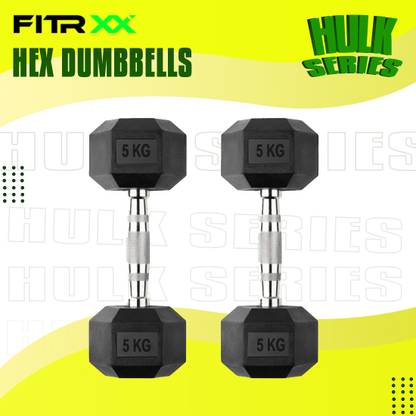 FITRXX Hex Rubber Coated Professional Exercise Gym Dumbbell Hulk Series 5 kg pair Fixed Weight Dumbbell