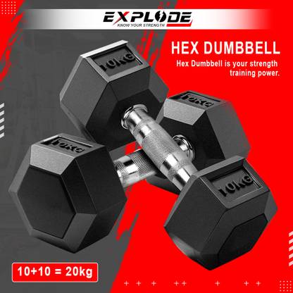 Explode Rubber Coated Hexa Dumbbell Set For Men & Women| 10 Kg Pair Fixed Weight Dumbbell