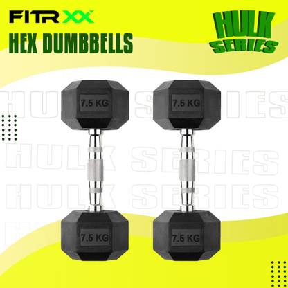 FITRXX Hex Rubber Coated Professional Exercise Gym Dumbbell Hulk Series 7.5 kg pair Fixed Weight Dumbbell