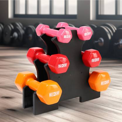 Cult Vinyl Dumbbells with Stand Combo Set for Exercise (1kg + 2kg + 3kg) Fixed Weight Dumbbell