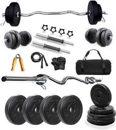 जिम इन्सेन 16-24 kg weight plates 14 dumbbells rod 3ft curl rod home gym equipment setup