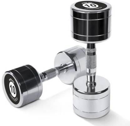 FITRXX Pair of 10 kg Steel Chrome Dumbbells || Round Shape Iron Dumbbell Set (10kg x 2) Fixed Weight Dumbbell