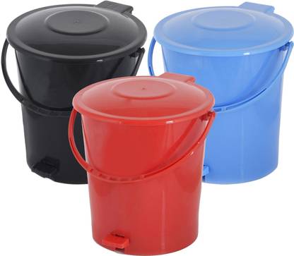 Heart Home 3 Pieces Plastic Dustbin Garbage Bin with Handle, 10 Liters (Blue, Black & Red) - CTHH16396 Plastic Dustbin