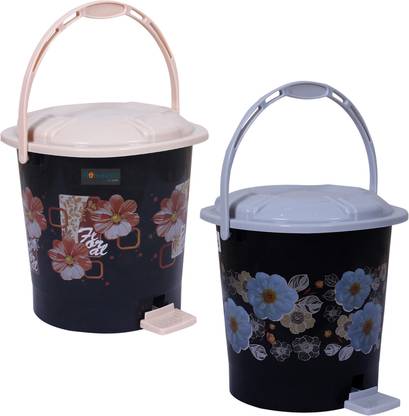 HOMESTIC by Kuber Industries Floral & Flower Print Plastic Pedal Dustbin With Handle,7 Ltr,Pack of 2 (Black) Plastic Dustbin
