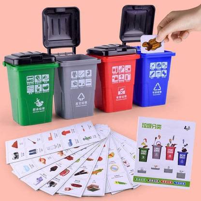 QUALITIO Mini Family Garbage Sorting Puzzle Game with 4 Trash Can & 100 Pcs Cards
