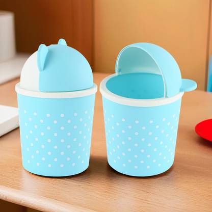 KUBER INDUSTRIES Teddy Table Dustbin|Plastic Swinging Lid Storage Waste Bin|Pack of 2 (Sky Blue) Plastic Dustbin