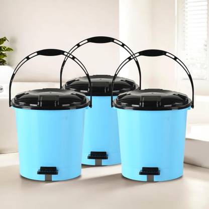 KUBER INDUSTRIES ( Pack of 3 ) Black Dhakkan Pedal Dustbin for Bathroom | 7 LTR | Aqua Blue Plastic Dustbin