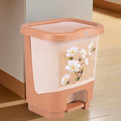 Heart Home 11 Ltr Plastic Dustbin with Lid & Removable Bucket | Floral - Brown Plastic Dustbin